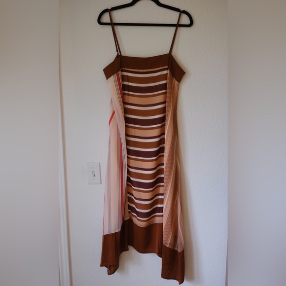 DKNY sleeveless midi slip dress asymmetrical hem mixed stripe brown size SMALL - Picture 1 of 6